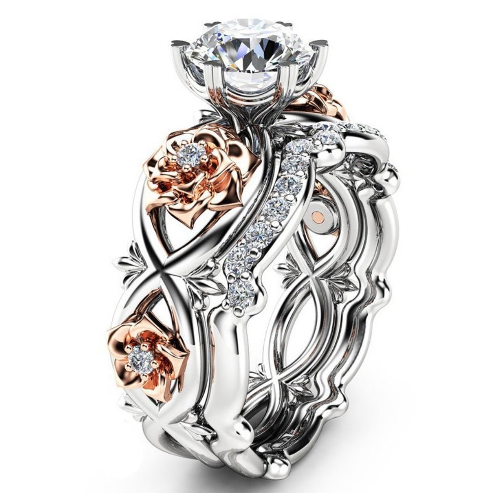 2PC Silver Set Diamond Wedding Ring Rose &Thorns Faux Engagement Womens Size 9